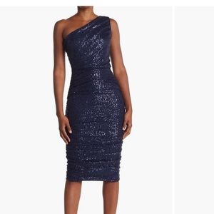 Classy One Shoulder MIDI Sequin Dress - Navy